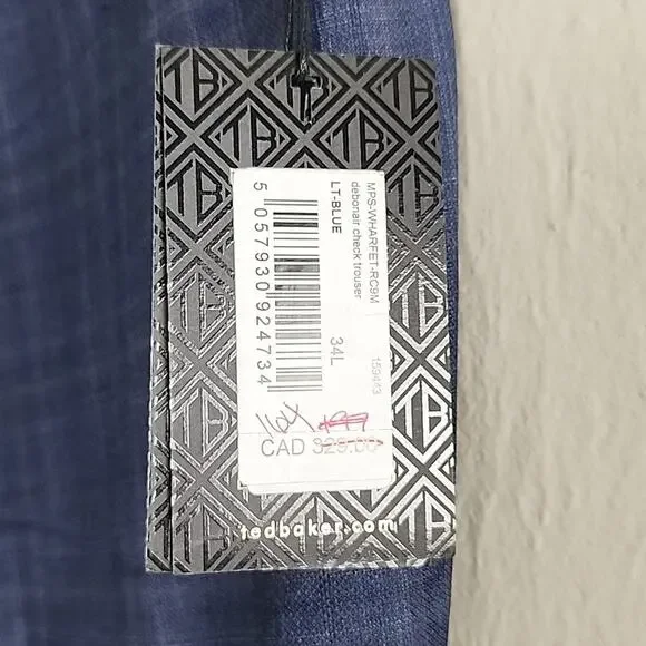 NWT Ted Baker Wharfet Debonair 100% Wool Check Suit Trousers Blue Modern Fit 34L